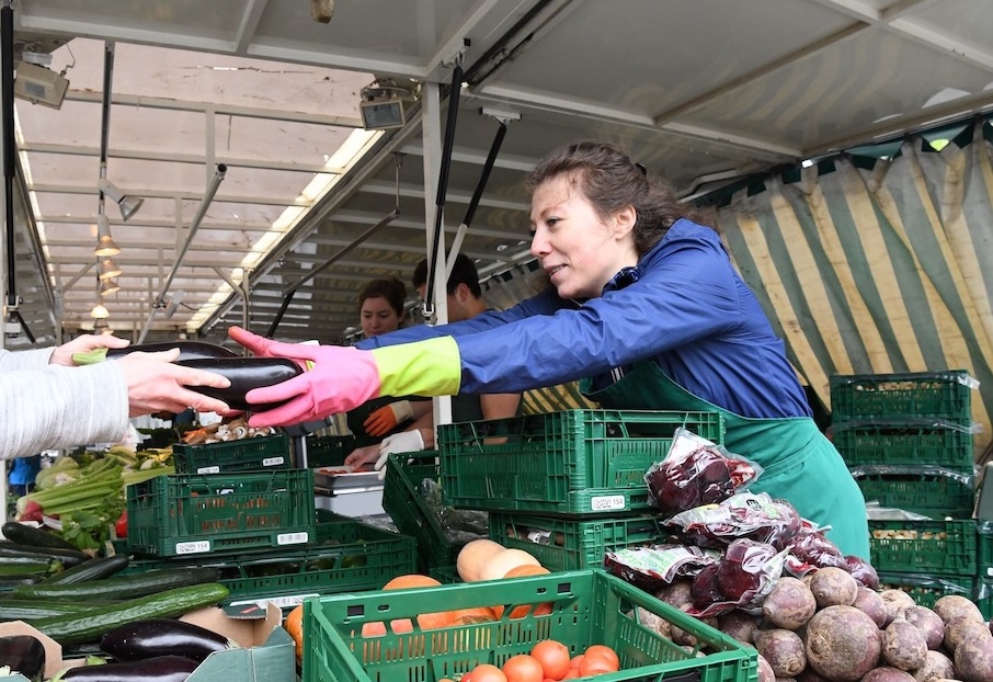 Öko-Wochenmarkt Bonn, Verkäoferin reicht einem Kunden zwei Auberginen.